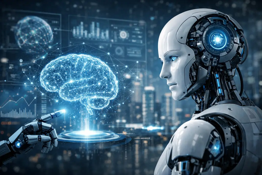 Futuristic AI and holographic brain interaction