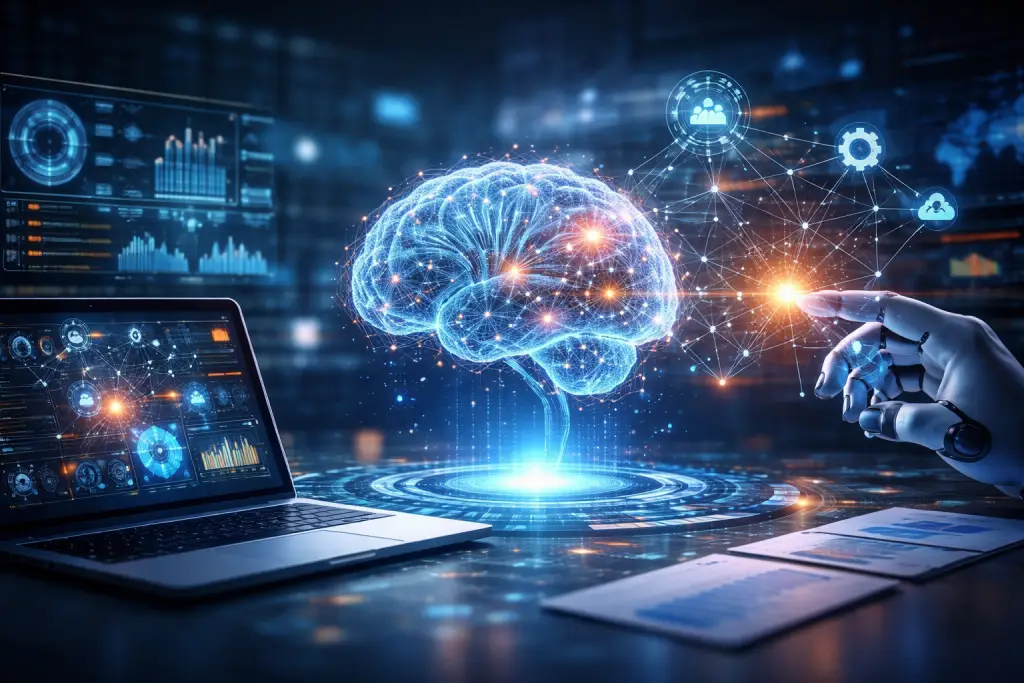 Futuristic AI workspace with data flow