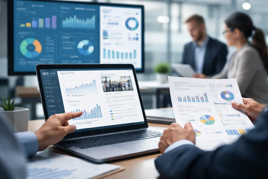 Business professionals reviewing data in a meeting