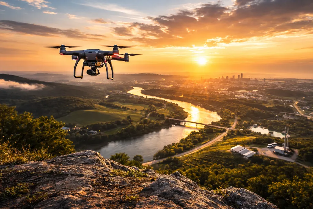 Drone over golden hour valley