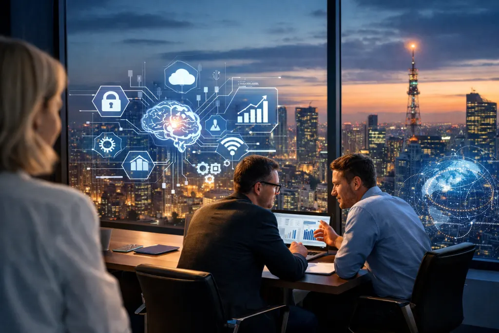 Twilight tech discussion in a high-rise